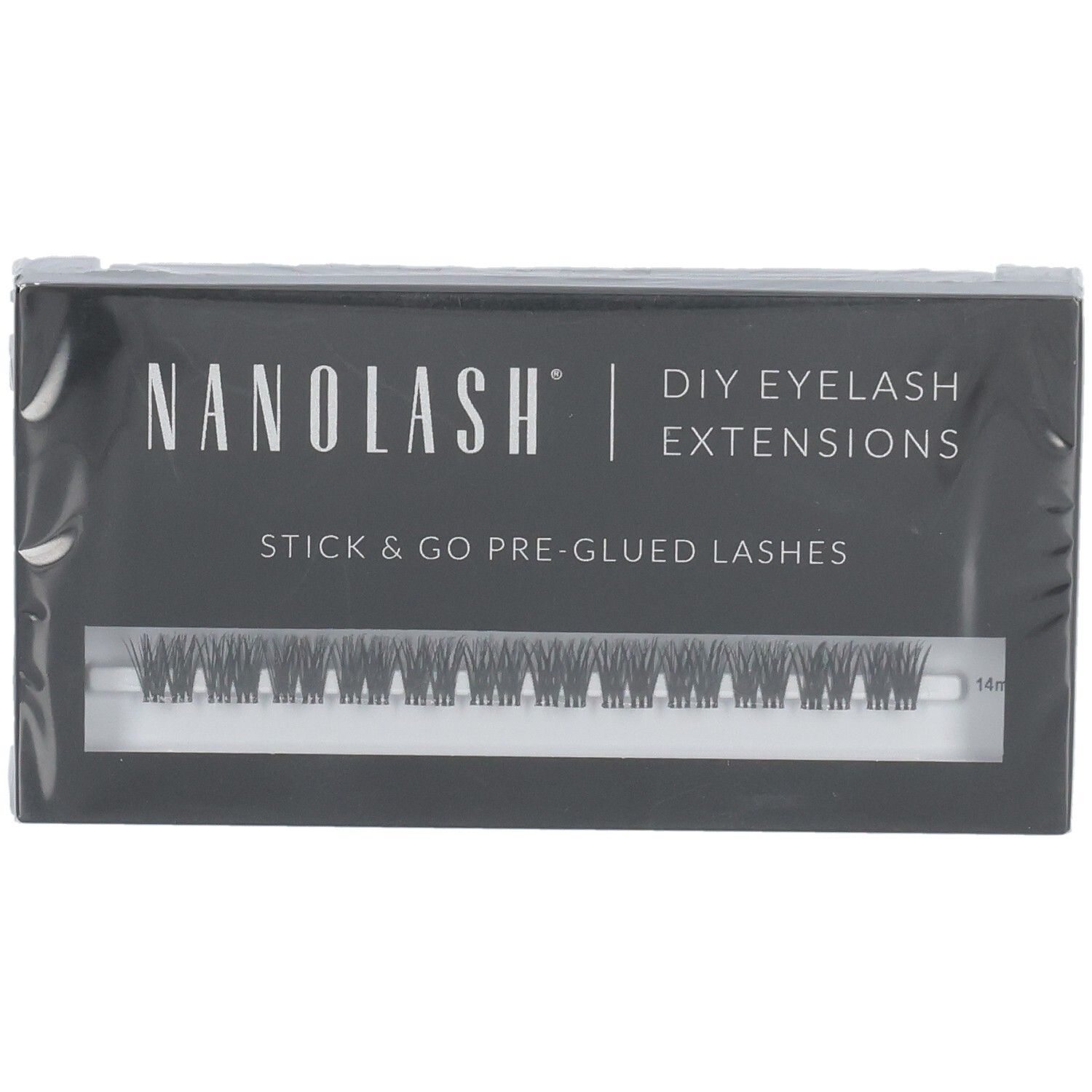 Nanolash DIY Eyelash Extensions: Stick & Go Pre-Glued Lashes in schwarzer Verpackung.