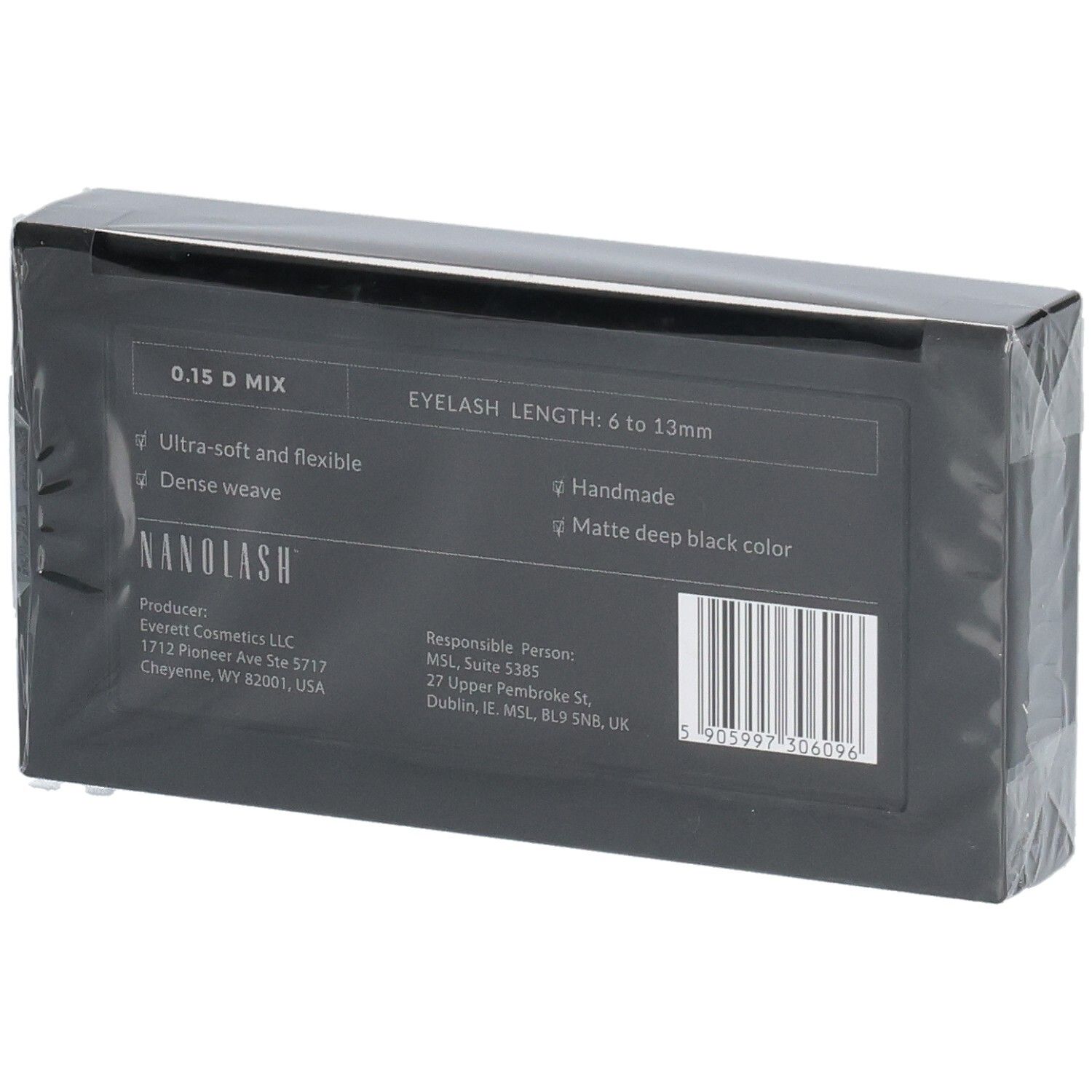 Verpackung für Nanoleash Wimpern, 0.15 D MIX, Länge 6-13mm, handgefertigt, matt schwarz.