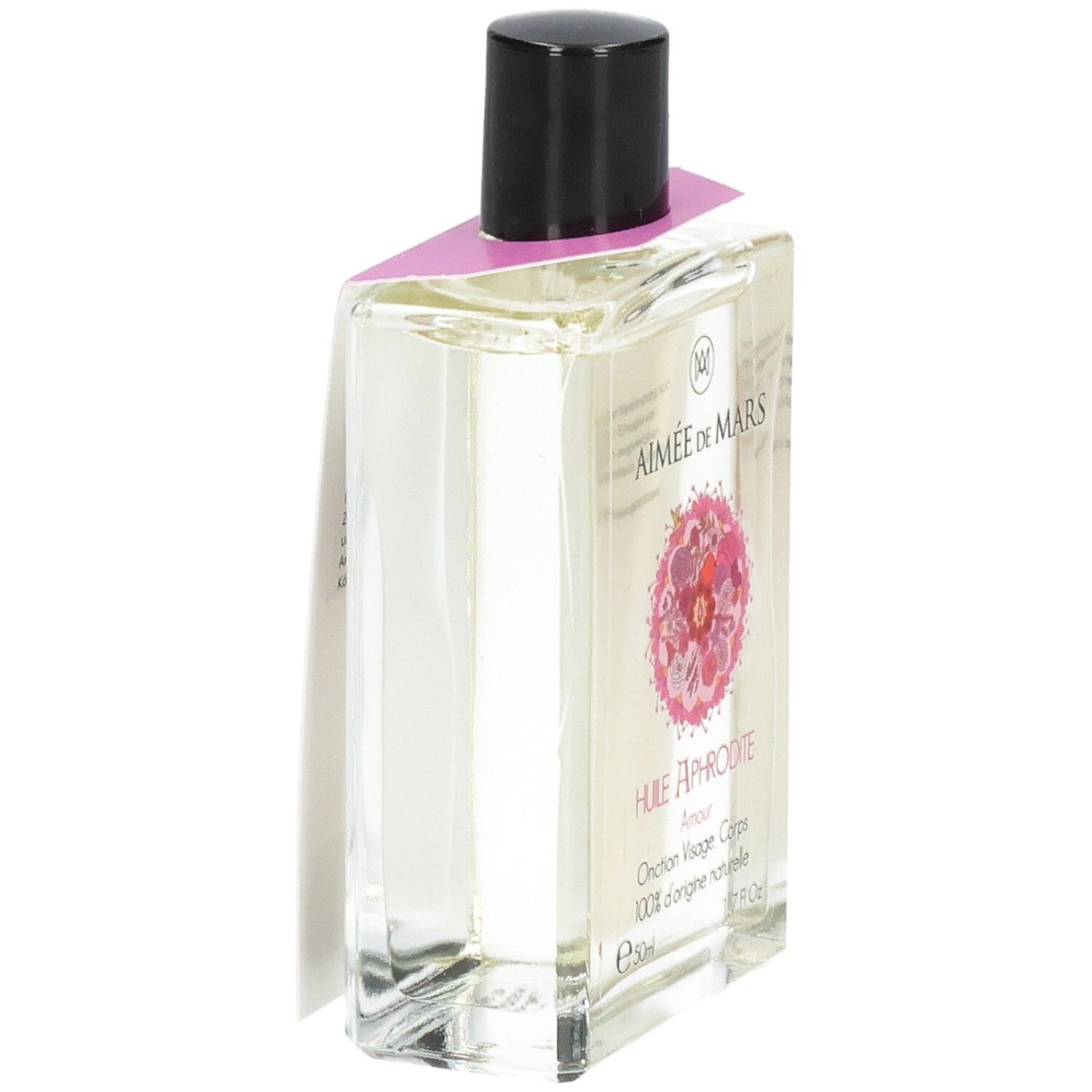 Rechteckige Glasflasche mit klarer Flüssigkeit, schwarzem Deckel und rosa Etikett. Weißes Etikett mit Text.