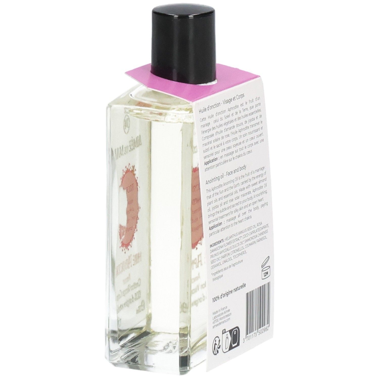 Glasflasche mit klarer Flüssigkeit, schwarzem Deckel und rosa Etikett. Rückseite mit Text und Barcode.