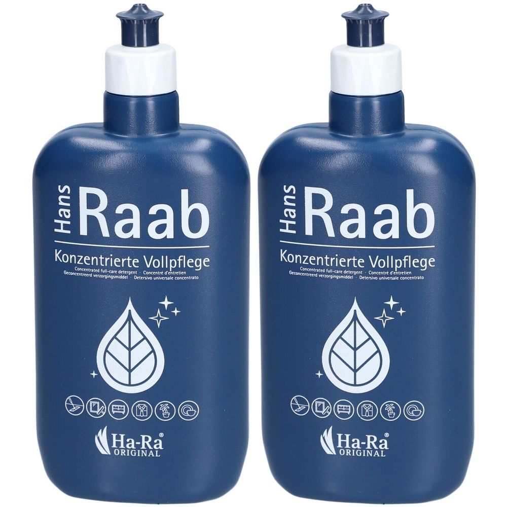 Zwei blaue Flaschen mit weißem Deckel. Aufschrift: Hans Raab, Konzentrierte Vollpflege, Ha-Ra Original. Tropfen- und Blatt-Symbol.