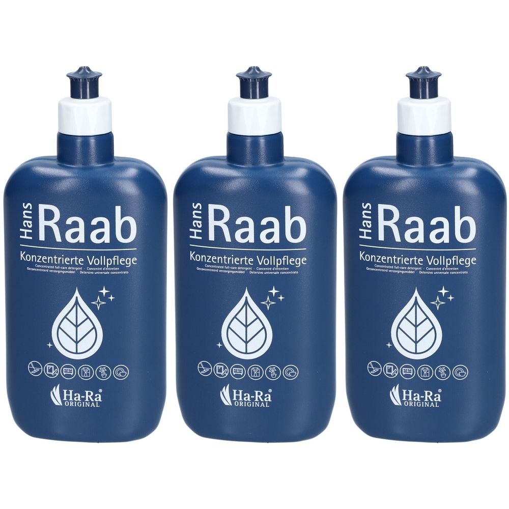 Drei blaue Flaschen mit weißem Deckel. Aufschrift: Hans Raab, Konzentrierte Vollpflege, Ha-Ra Original. Blatt- und Stern-Symbol.