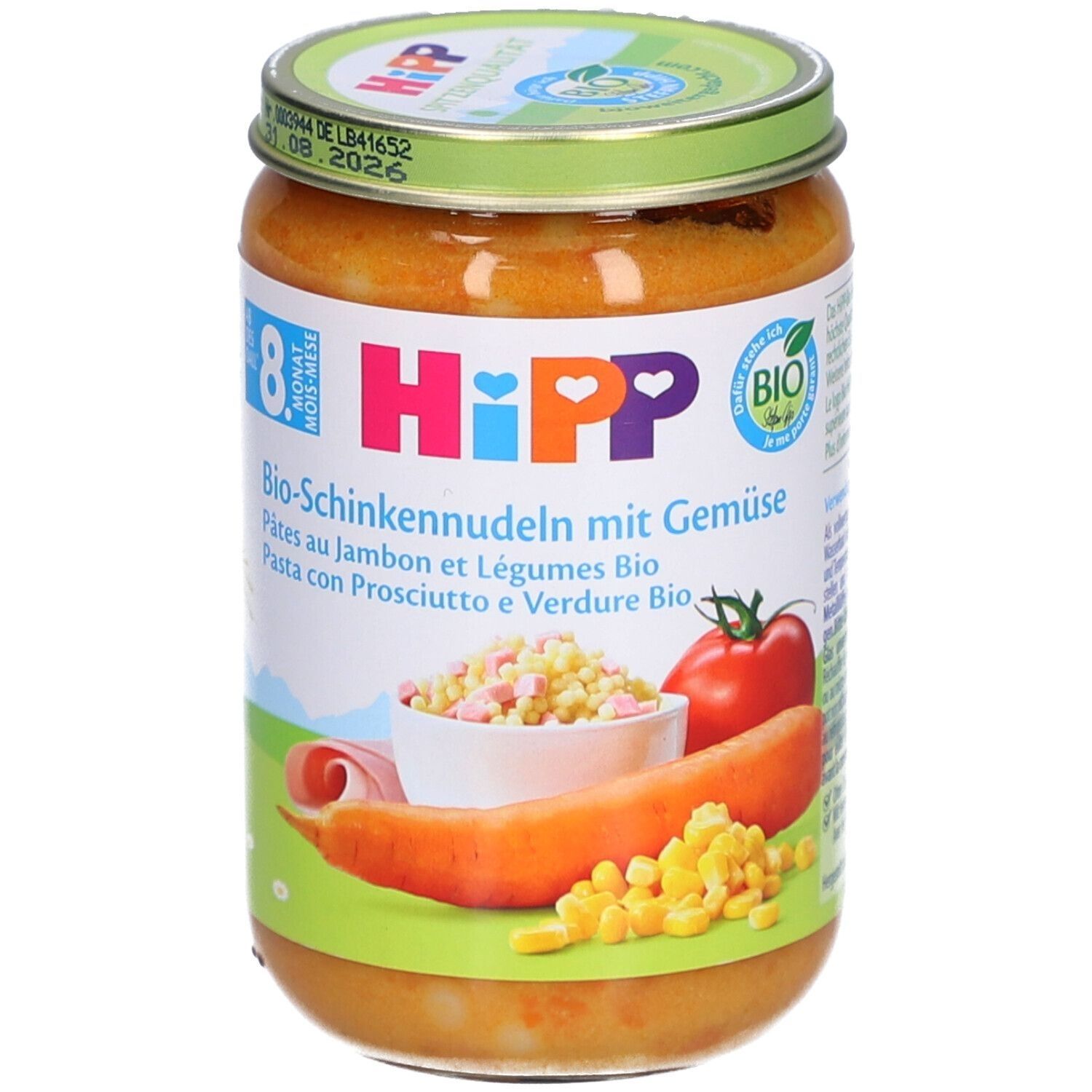 Glas mit HiPP Bio-Schinkennudeln mit Gemüse. Deckel grün, Etikett mit Produktbildern. Bio-Siegel.