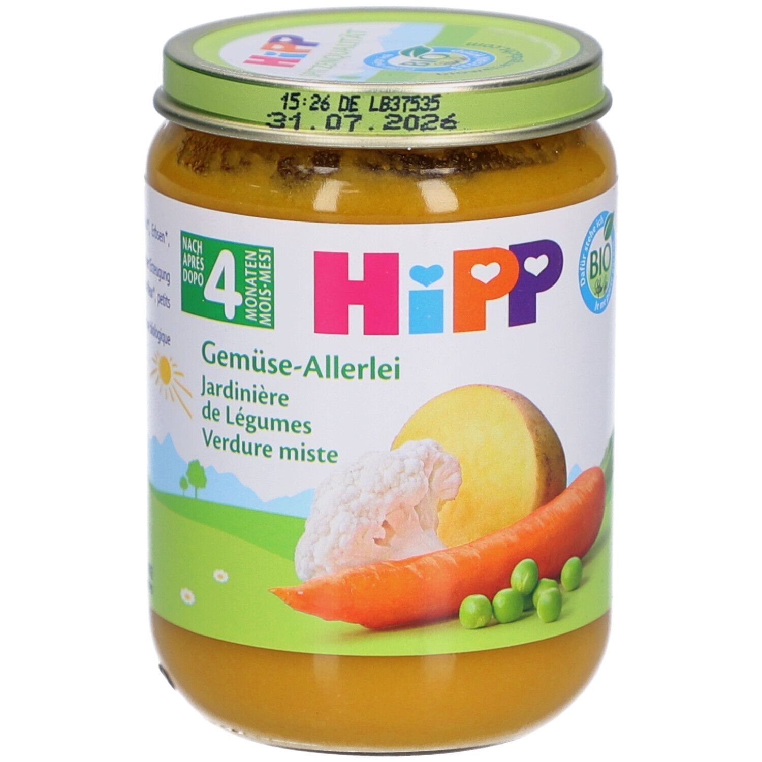 Glas mit HiPP Gemüse-Allerlei für Babys ab dem 4. Monat. Etikett mit Gemüseabbildungen und Bio-Siegel.