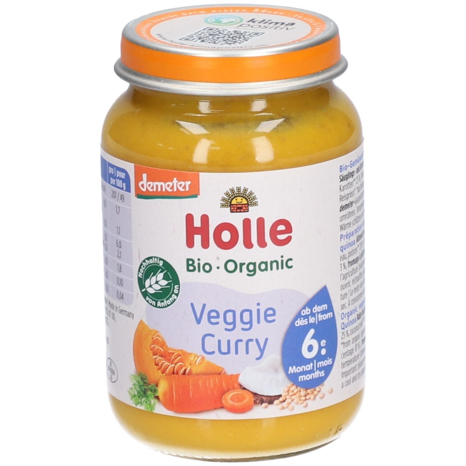 Glas mit gelbem Inhalt. Aufschrift Holle Bio-Organic Veggie Curry. Demeter-Siegel. Ab 6 Monaten.