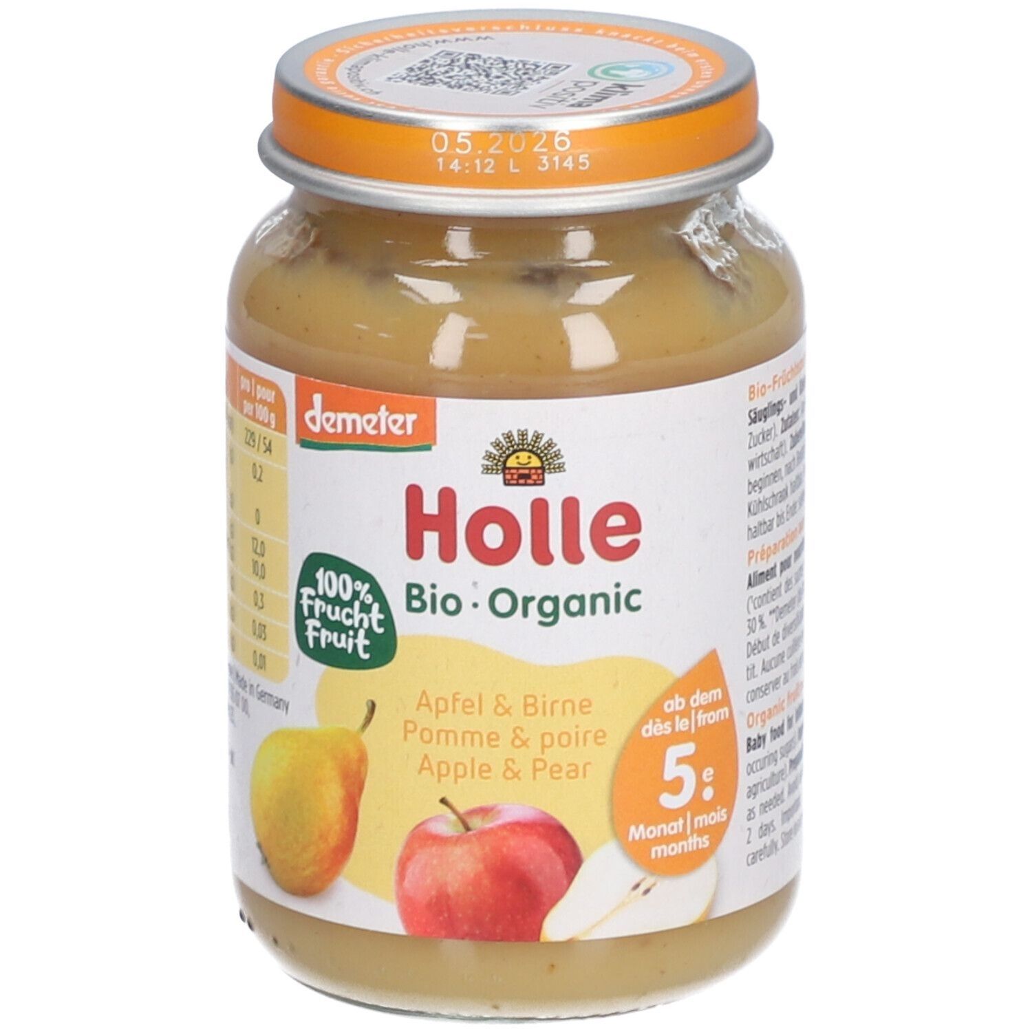 Glas mit Holle Bio-Apfel und -Birne. Etikett mit Logo, Text und Abbildungen von Apfel und Birne. Deckel orange.