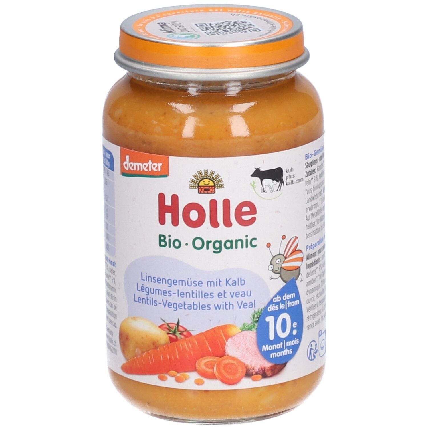 Glas mit Babynahrung. Auf dem Etikett steht "Holle Bio-Organic Linsengemüse mit Kalb". Ab 10 Monaten. Demeter-Siegel.