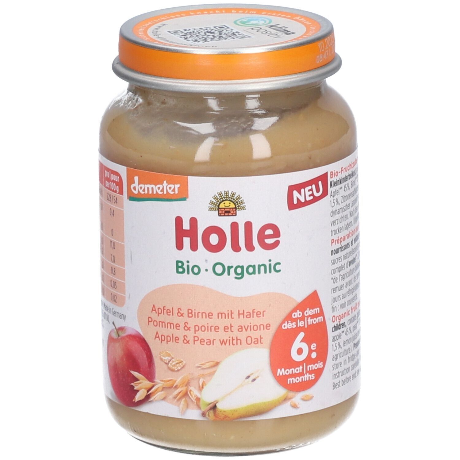 Glas mit Babynahrung. Aufschrift: Holle Bio-Organic. Apfel & Birne mit Hafer. Ab 6 Monaten. Demeter-Siegel. Deckel orange.