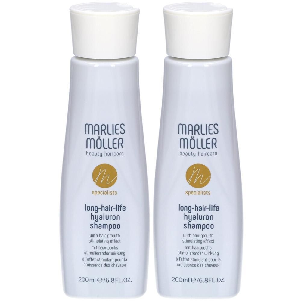 Zwei weiße Flaschen Marlies Möller Long-Hair-Life Hyaluron Shampoo mit weißem Deckel. 200ml.