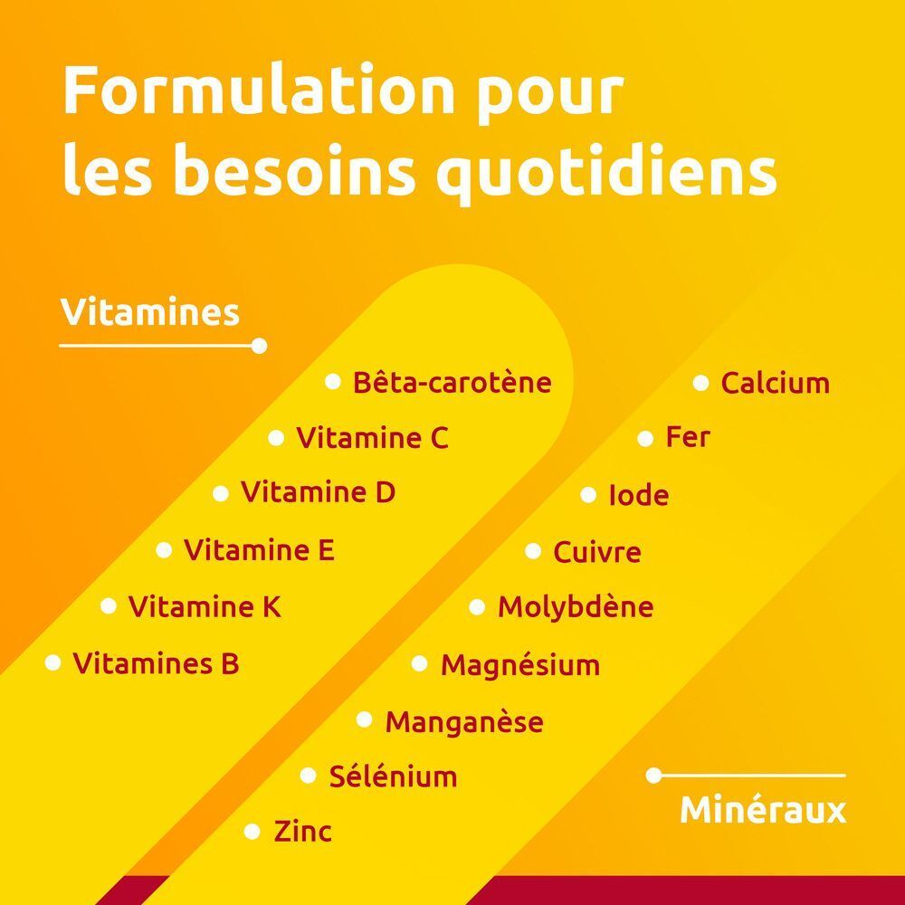Gelber Hintergrund mit Auflistung von Vitaminen und Mineralien. Text: "Formulation pour les besoins quotidiens".