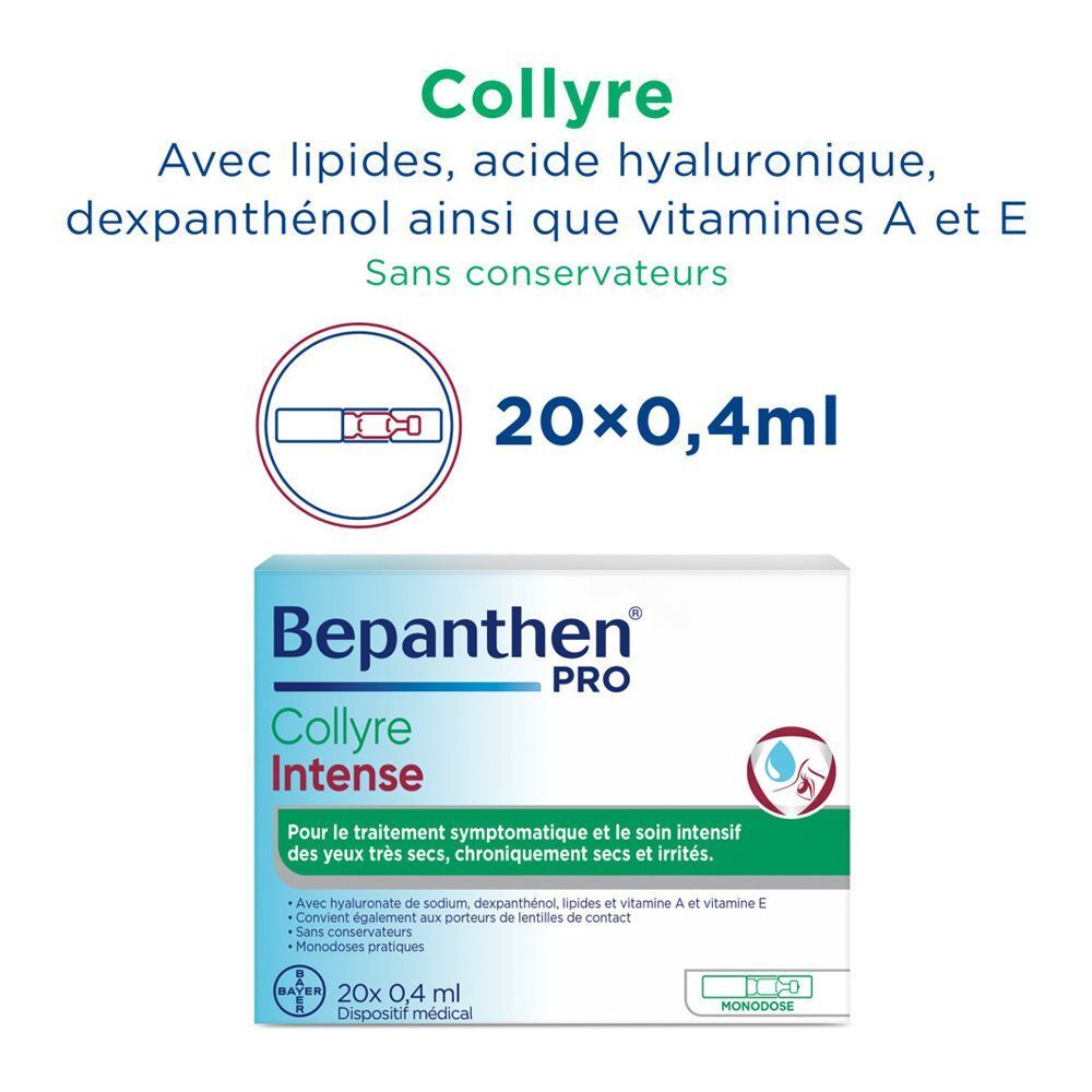 Emballage et unidose Bepanthen® Pro Collyre Intense. Texte: 20x0,4ml. Contient lipides, acide hyaluronique, dexpanthénol et vitamines.