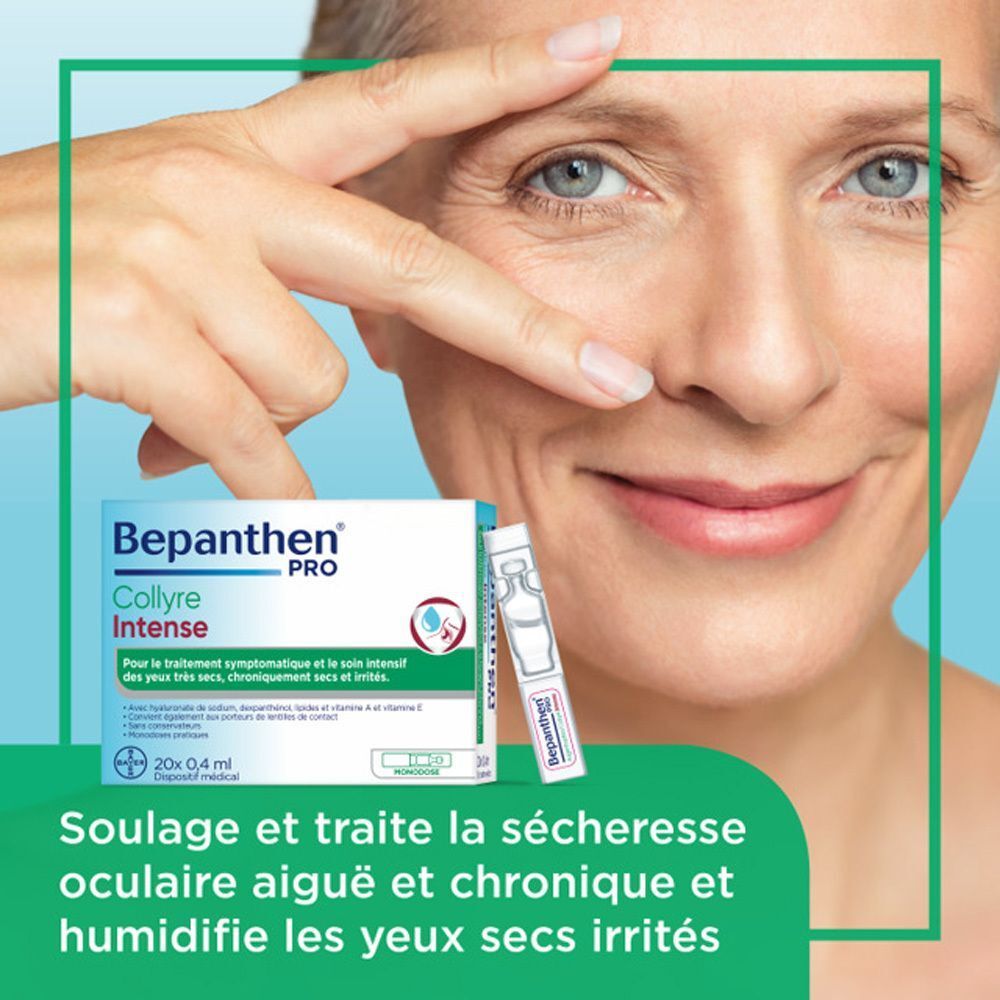 Femme touchant son œil. Emballage et unidose Bepanthen® Pro Collyre Intense. Texte: Soulage les yeux secs. 20x0,4ml.