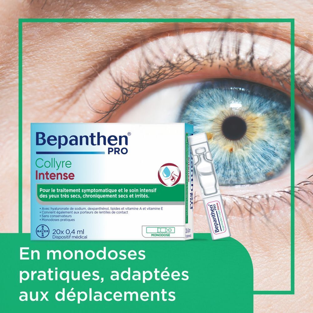 Œil avec emballage et unidose Bepanthen® Pro Collyre Intense. Texte: Unidoses pratiques, adaptées aux déplacements.