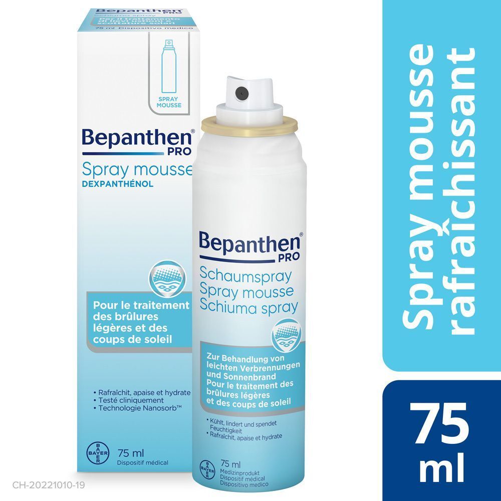 Bepanthen Pro Spray mousse et emballage. Bombe aérosol blanche et emballage bleu et blanc. Texte: Dexpanthenol, Pour le traitement des brûlures légères.