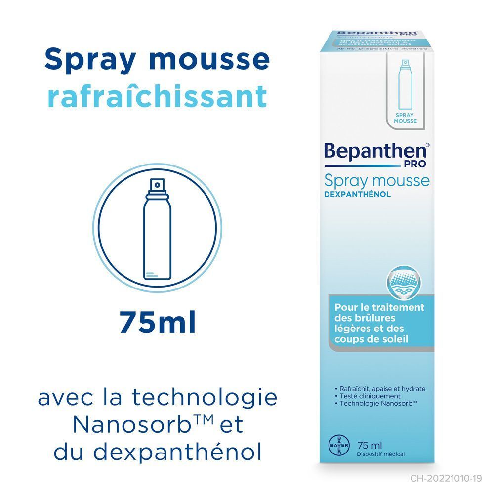 Emballage de Bepanthen Pro Spray mousse. Emballage bleu avec texte: Spray mousse rafraîchissant, 75ml, avec la technologie Nanosorb et du dexpanthénol.