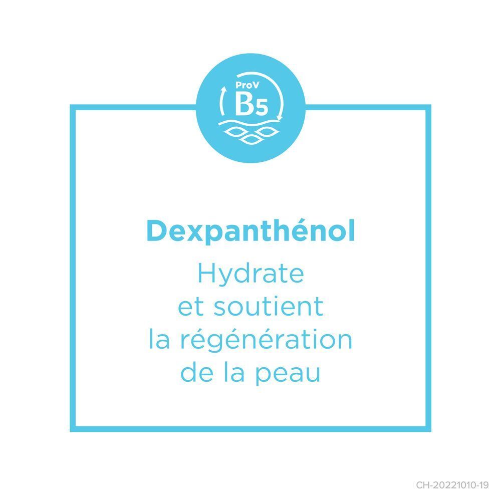 Fond bleu avec texte: Dexpanthenol, Hydrate et soutient la régénération de la peau. Logo ProV B5.