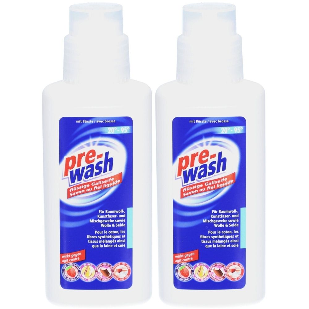 Zwei weiße Flaschen mit blauen Etiketten. Auf den Etiketten steht "pre-wash Flüssige Gallseife".