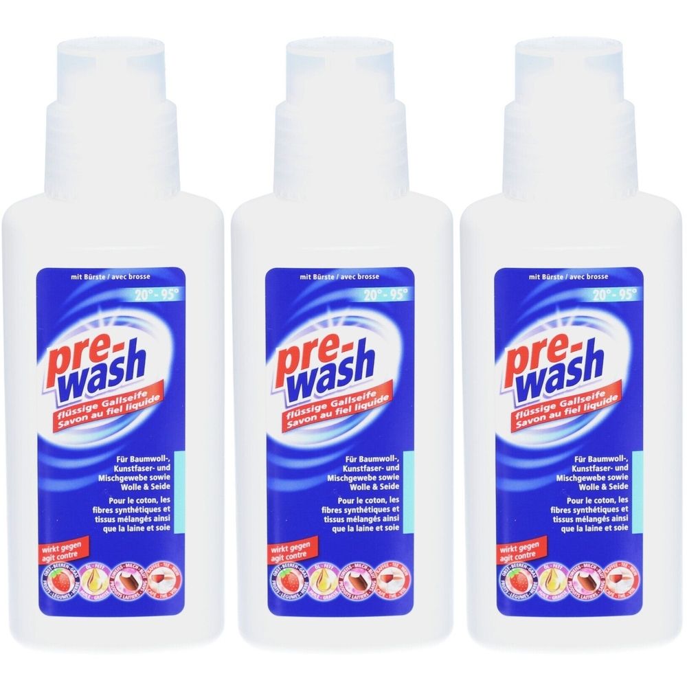 Drei weiße Flaschen mit blau-roten Etiketten. Aufschrift: pre-wash Flüssige Gallseife.