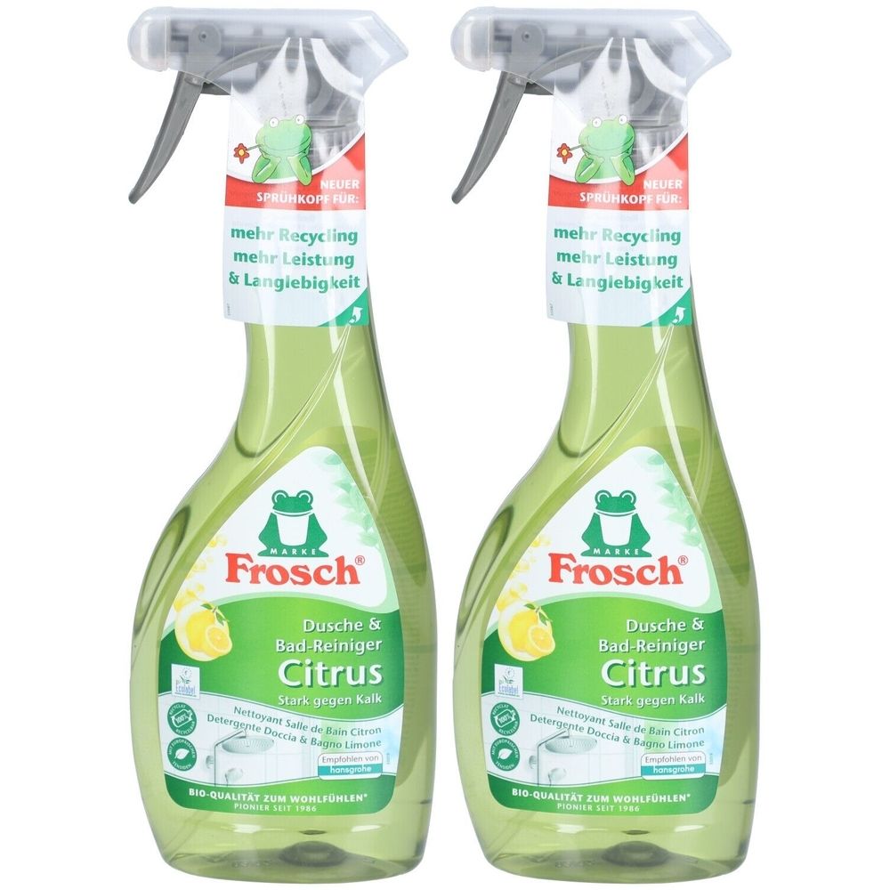 Zwei grüne Sprühflaschen mit dem Frosch-Logo. Aufschrift: Dusche & Bad-Reiniger Citrus. Enthält Informationen zur Reinigung.