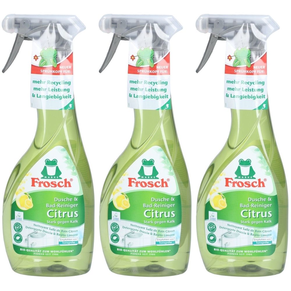 Drei grüne Sprühflaschen mit dem Frosch-Logo und dem Schriftzug "Citrus". Aufkleber mit Text: "mehr Recycling, mehr Leistung & Langlebigkeit".