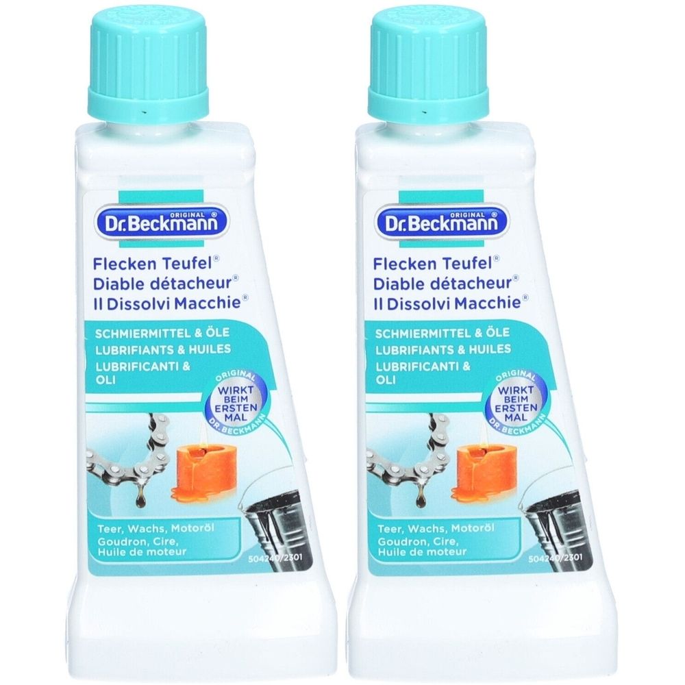 Zwei Flaschen Dr. Beckmann Flecken Teufel. Weiße Flaschen mit blauem Deckel. Produktnamen und Logos sind auf den Etiketten sichtbar.