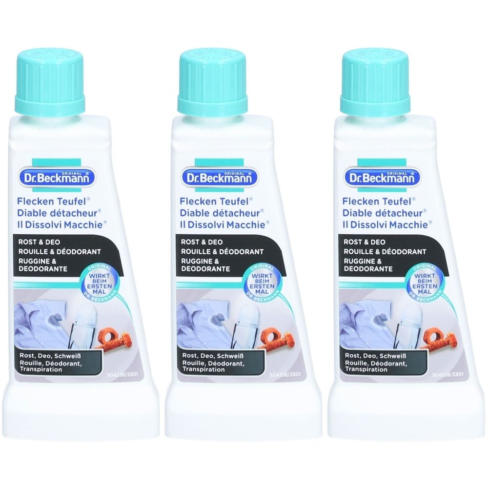 Drei weiße Flaschen mit türkisfarbenen Deckeln. Auf jeder Flasche steht "Dr. Beckmann Flecken Teufel" und "Rost & Deo".