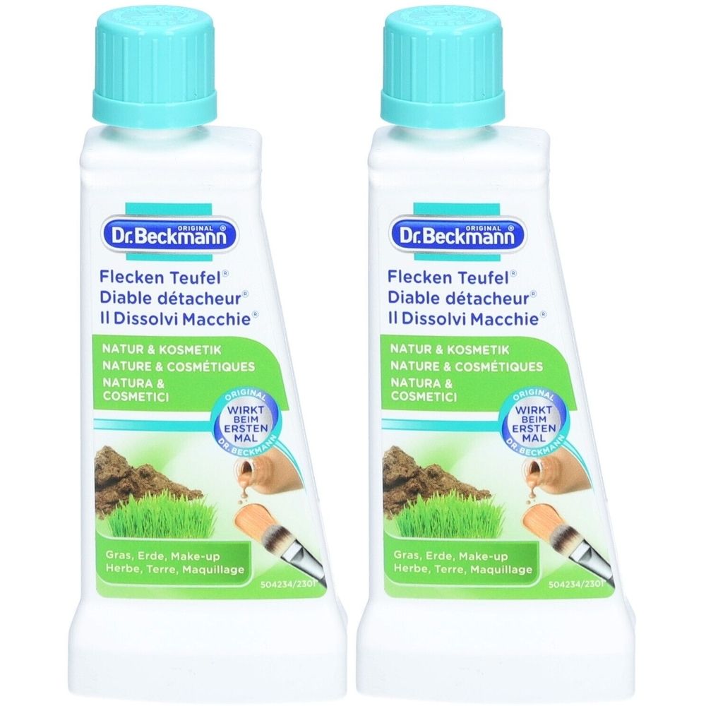 Zwei Flaschen mit blauem Deckel. Aufschrift: Dr. Beckmann Flecken Teufel. Illustration: Gras, Erde, Make-up.