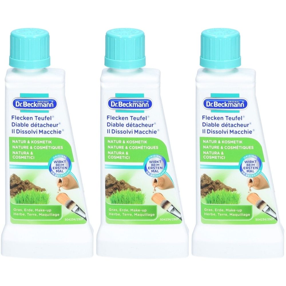 Drei Flaschen mit türkisfarbenen Deckeln. Aufschrift: Dr. Beckmann, Flecken Teufel, Natur & Kosmetik. Grün-weiße Etiketten.