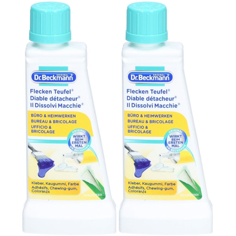Zwei Flaschen Dr. Beckmann Flecken Teufel. Weiße Flaschen mit türkisfarbenen Deckeln. Aufschrift: Büro & Heimwerken, Kleber, Kaugummi, Farbe.