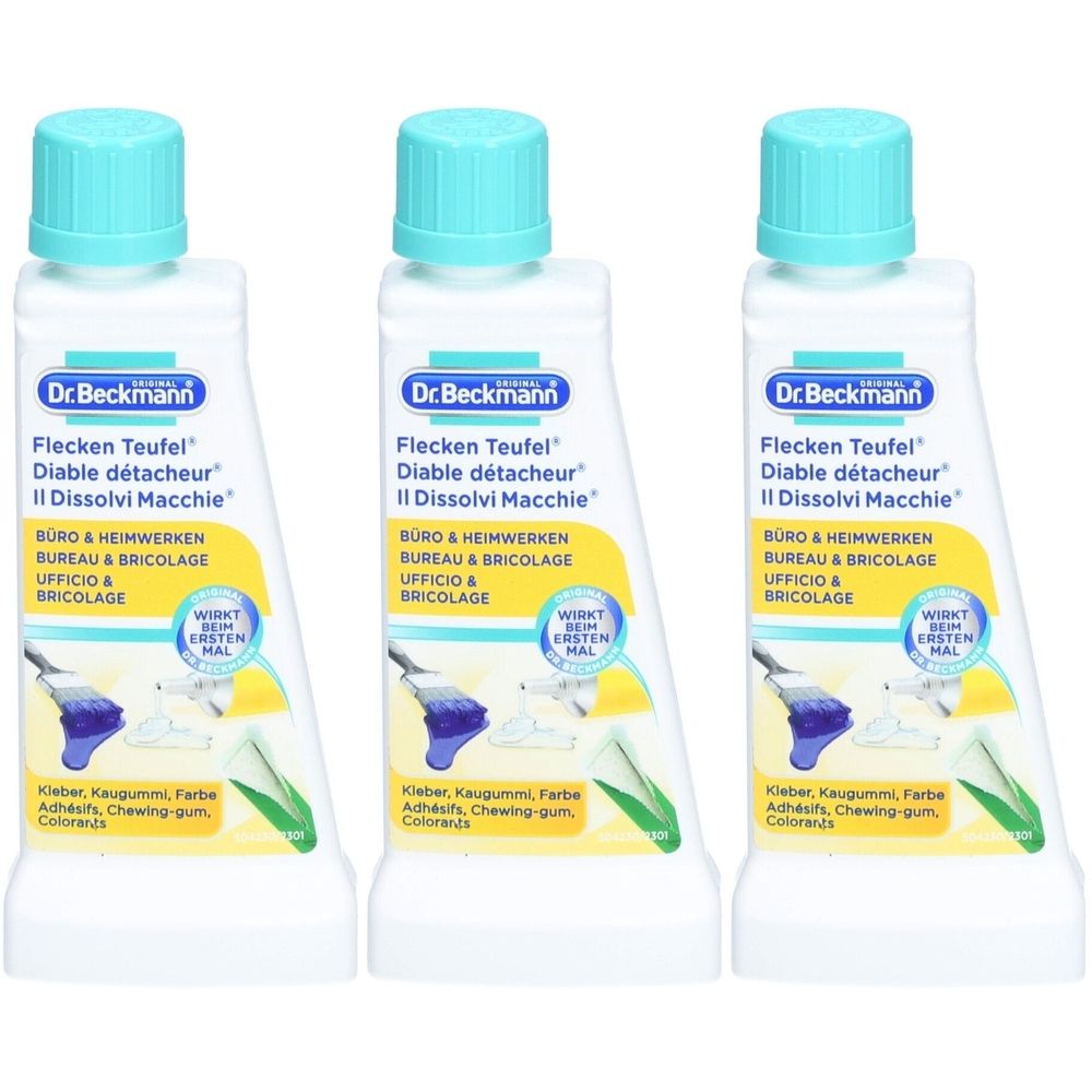 Drei Flaschen mit blauem Deckel. Auf den Flaschen steht "Dr. Beckmann Flecken Teufel".