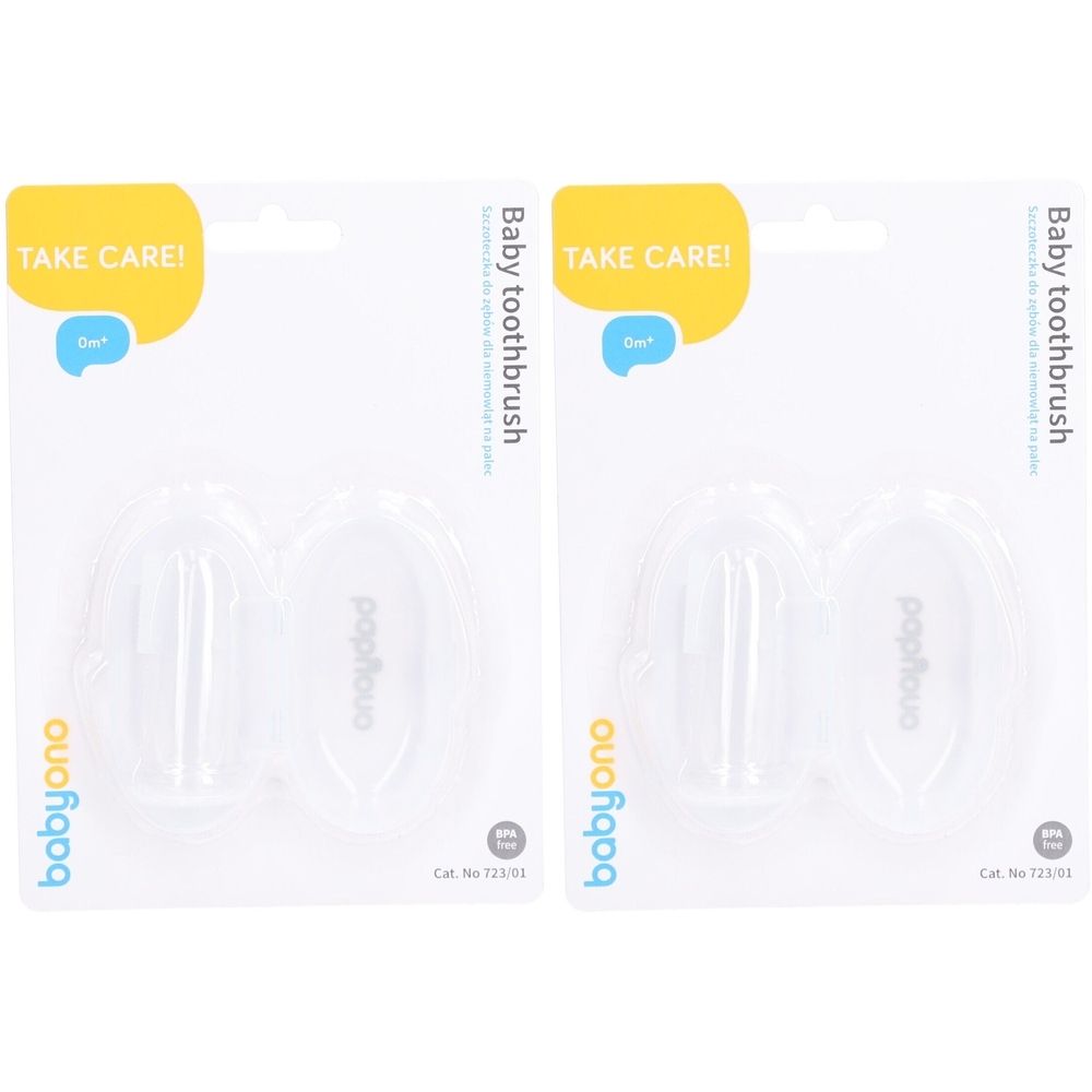 Zwei Babyono Zahnbürsten in Verpackung. Aufschrift: Baby toothbrush, TAKE CARE!, BPA-frei.