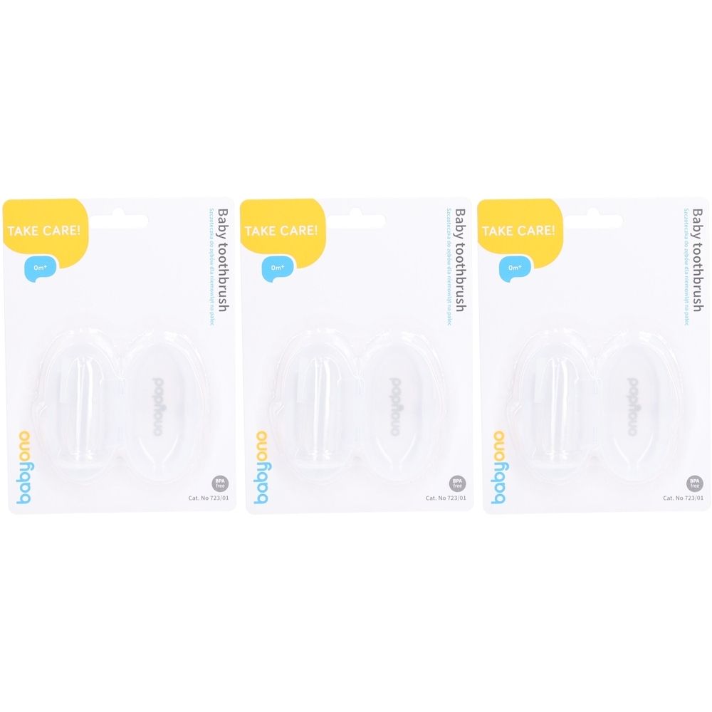 Drei Babyono Erste Zähne Zahnbürsten auf Blisterverpackung. Transparente Silikonbürsten mit gelbem Take Care Label.