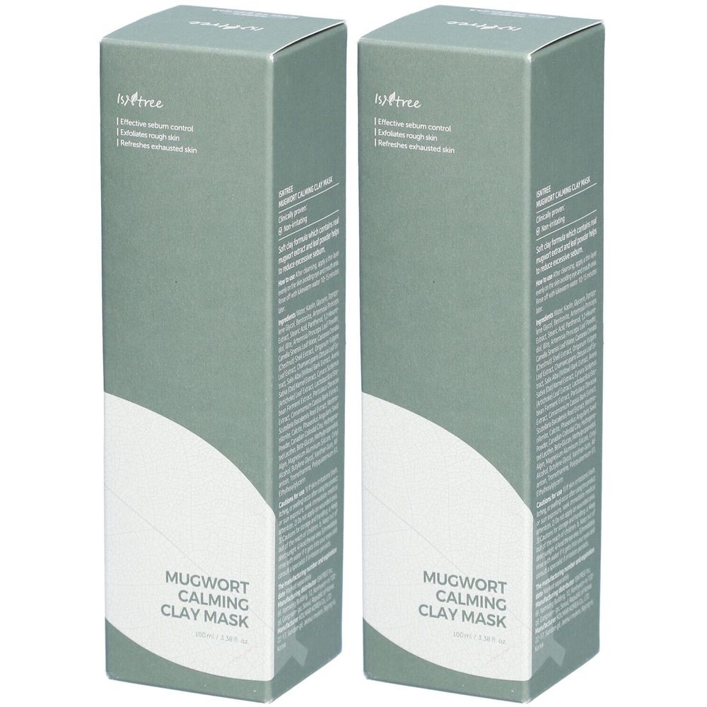Zwei rechteckige Schachteln. Aufschrift: Mugwort Calming Clay Mask. Marke: Isntree. Farbe: Grün. Text auf der Seite.
