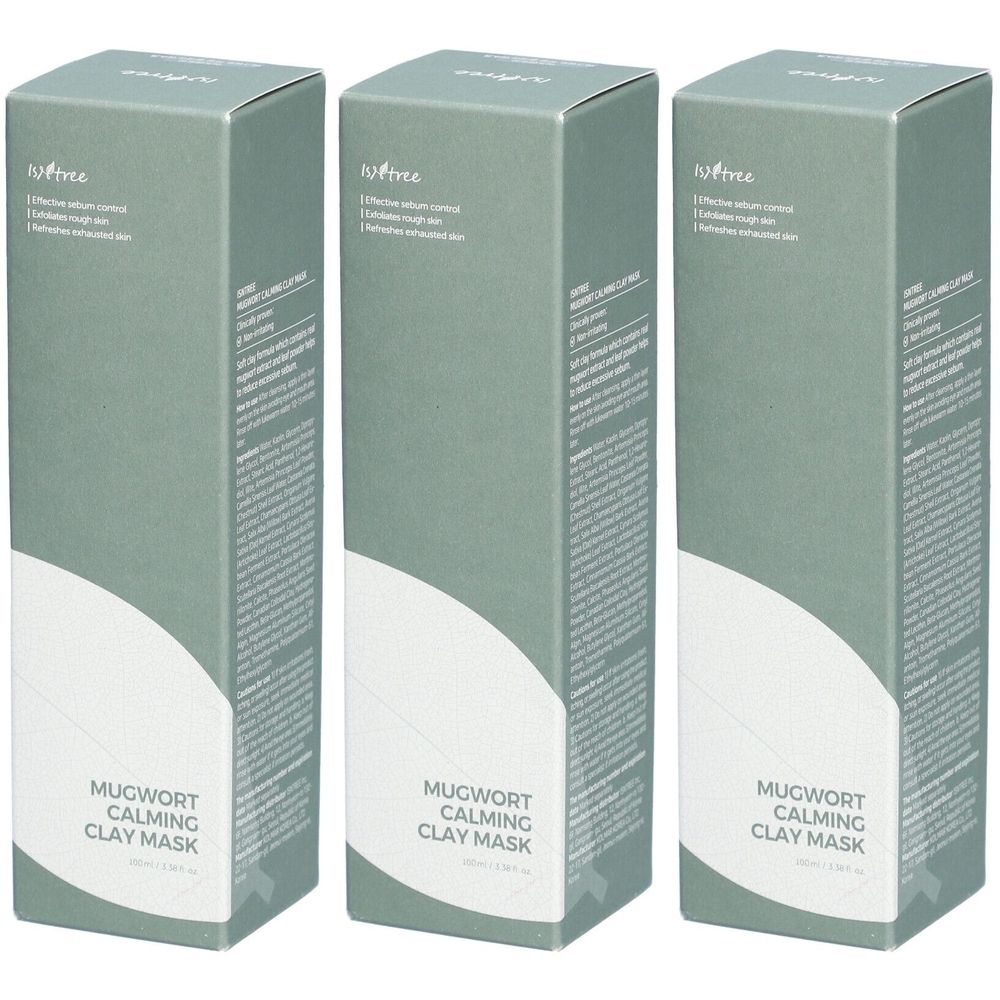 Drei grüne Kartons. Aufschrift: Mugwort Calming Clay Mask. Marke: Isntree. Text: Wirkt beruhigend, kontrolliert Talg, glättet raue Haut.