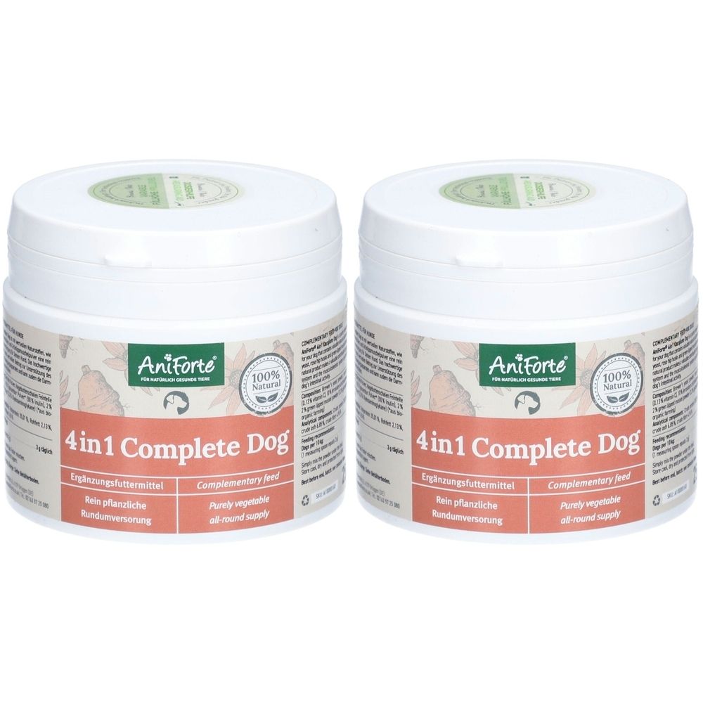 Zwei weiße Dosen mit Deckel. Auf den Etiketten steht "AniForte 4in1 Complete Dog".  Zertifizierung "100% Natural".