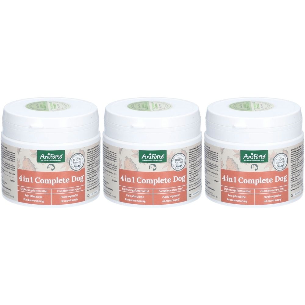 Drei weiße Dosen mit grünem Deckel. Auf der Vorderseite steht "4in1 Complete Dog" und der Markenname "Aniforte".