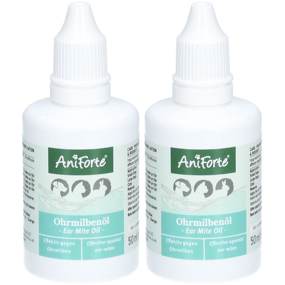Zwei weiße Flaschen mit Tropfaufsatz. Aufschrift: AniForte, Ohrmilbenöl. Text in Deutsch und Englisch. 50ml.