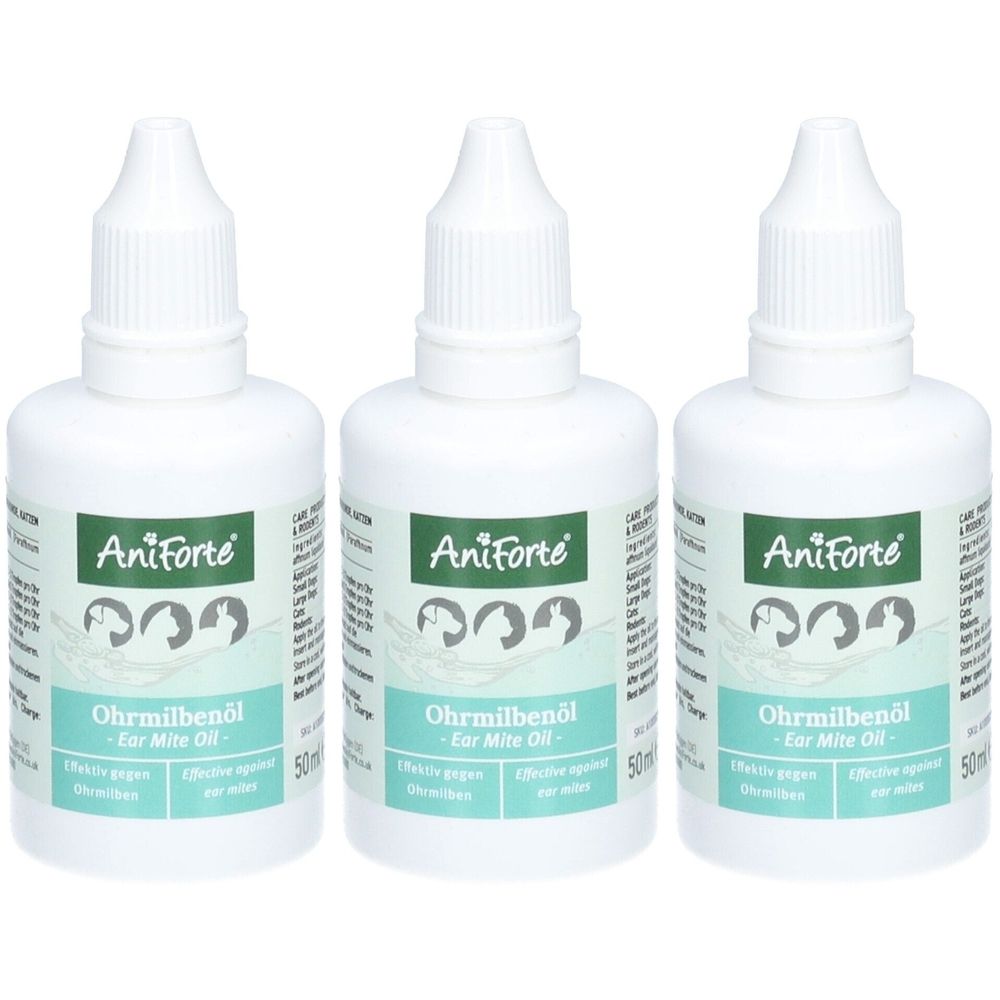 Drei weiße Flaschen mit Tropfaufsatz. Aufschrift: AniForte, Ohrmilbenöl. Abbildung von Hund und Katze. Text: Wirksam gegen Ohrmilben.