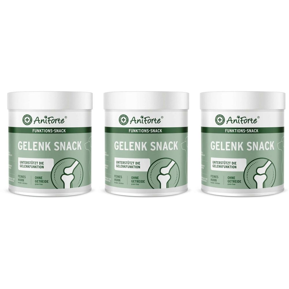 Drei weiße Dosen mit grünem Etikett. Aufschrift: AniForte, GELENK SNACK. Illustration eines Knies.