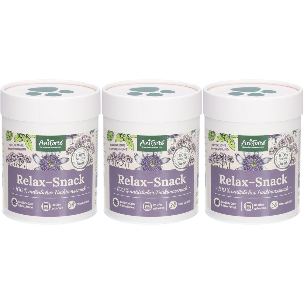 Drei weiße Dosen mit Deckel. Auf jeder Dose steht "Aniforte Relax-Snack".