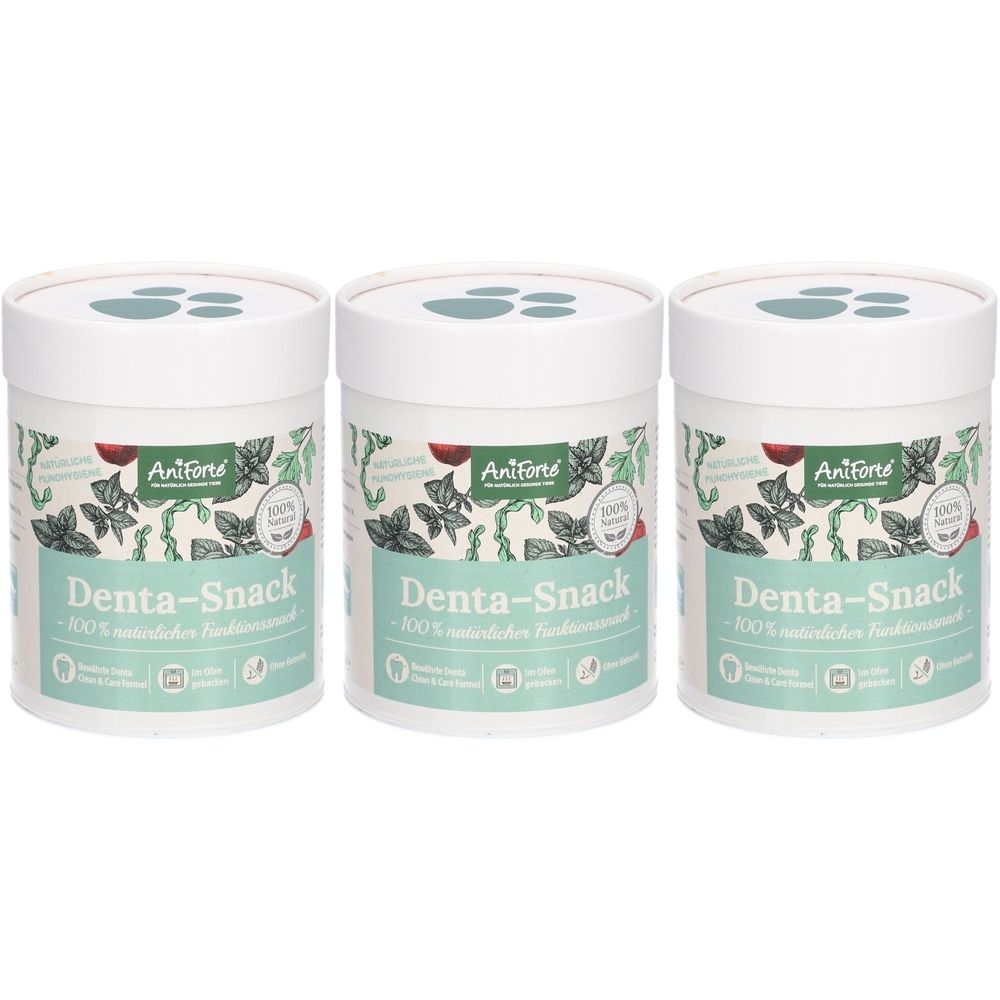 Drei zylindrische Behälter mit Deckel. Aufschrift: Denta-Snack, Aniforte. Grün-weiße Etiketten mit Pflanzenmotiven und Logos.