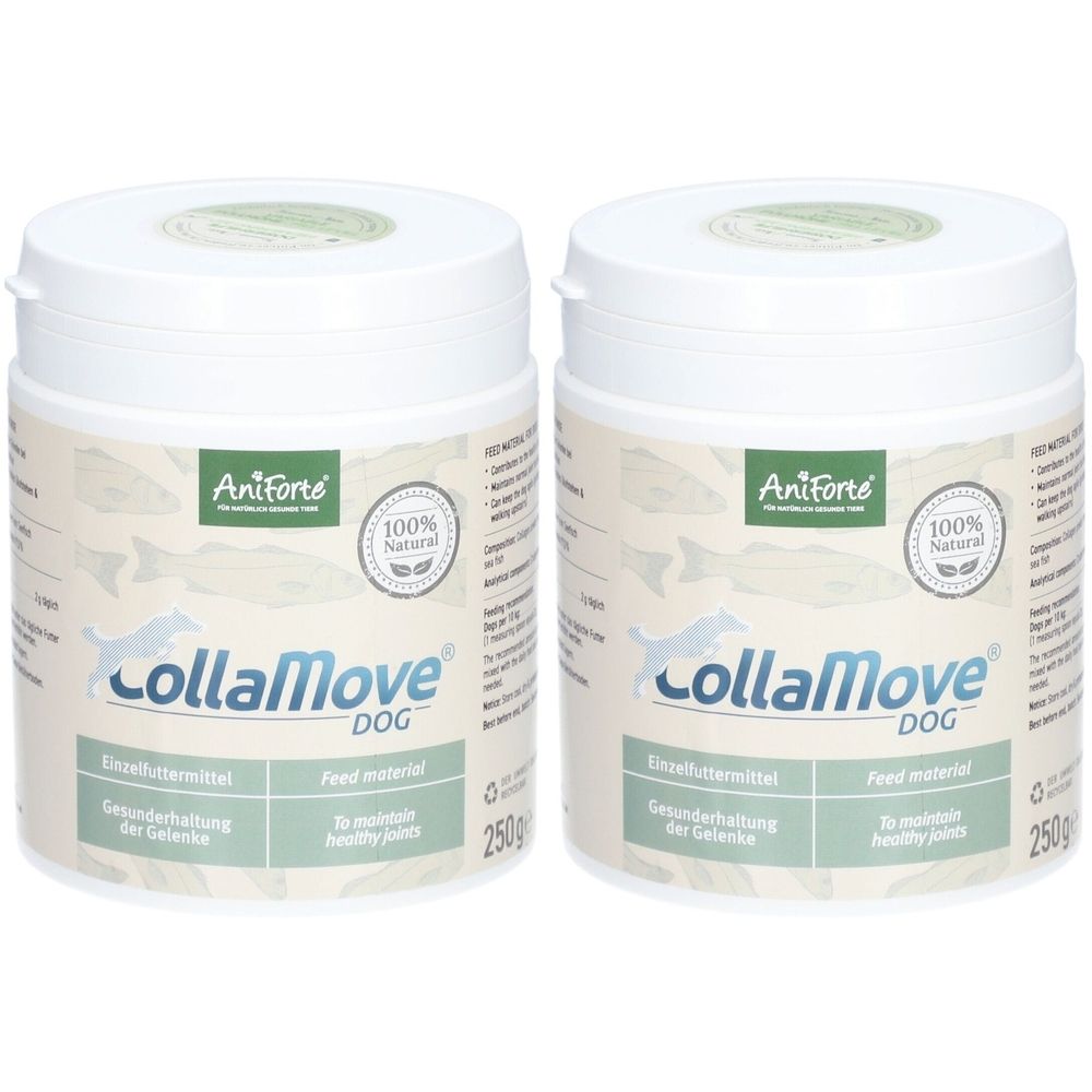 Zwei weiße Behälter mit Deckel. Aufschrift: AniForte, CollaMove DOG, 100% Natural. Text: Gesundheit der Gelenke. 250g.
