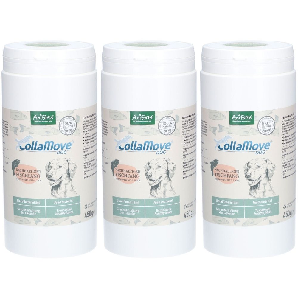 Drei weiße Dosen mit dem Produktnamen CollaMove DOG. Auf jeder Dose ist ein Hund abgebildet und der Schriftzug Aniforté.