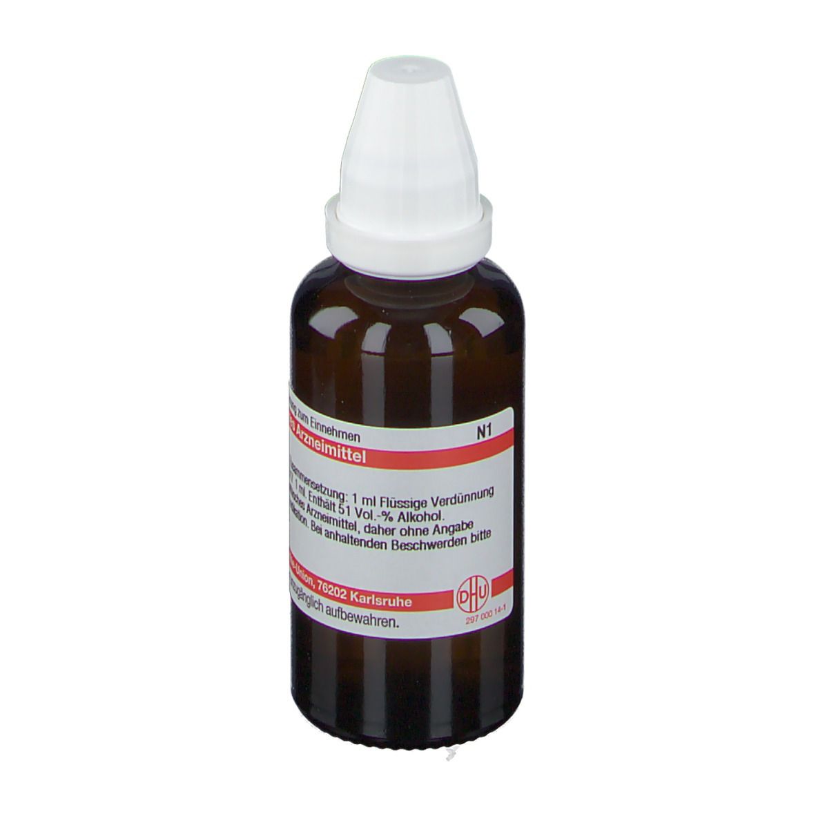 Braune Glasflasche mit weißem Verschluss. Etikett mit Produktinformationen. DHU.
