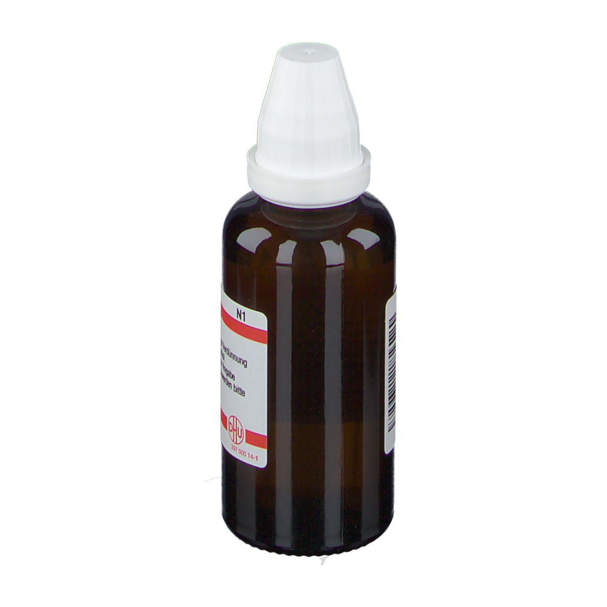 Braune Glasflasche mit weißem Verschluss. Etikett mit Produktinformationen. DHU.