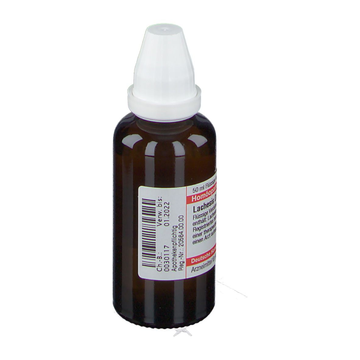 Braune Glasflasche mit weißem Verschluss. Etikett mit Produktinformationen. DHU.