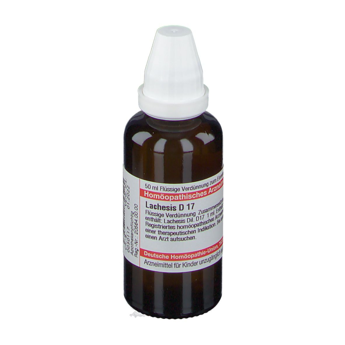 Braune Glasflasche mit weißem Verschluss. Etikett mit Produktinformationen. DHU Lachesis D17.