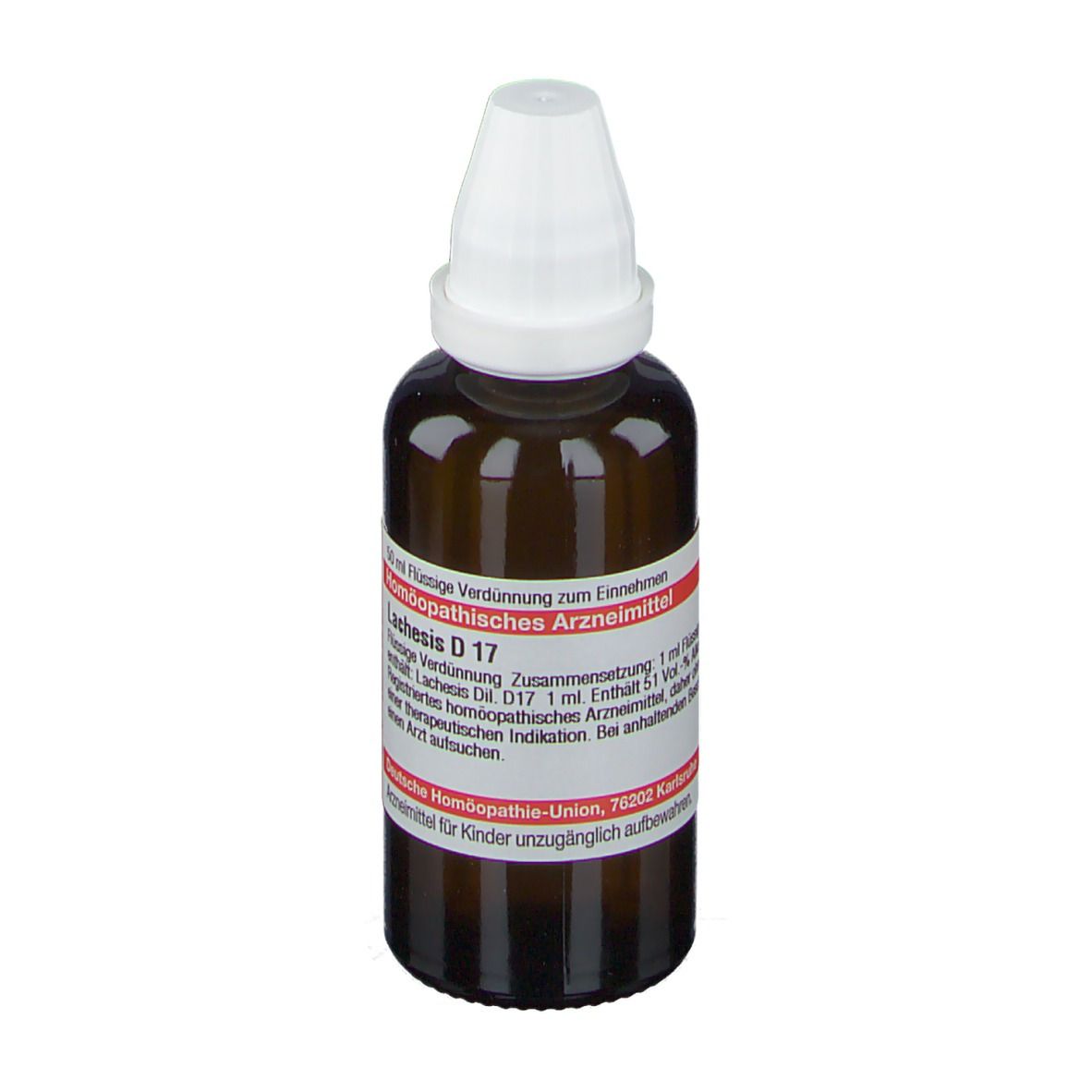 Braune Glasflasche mit weißem Verschluss. Etikett mit Produktinformationen. DHU Lachesis D17.