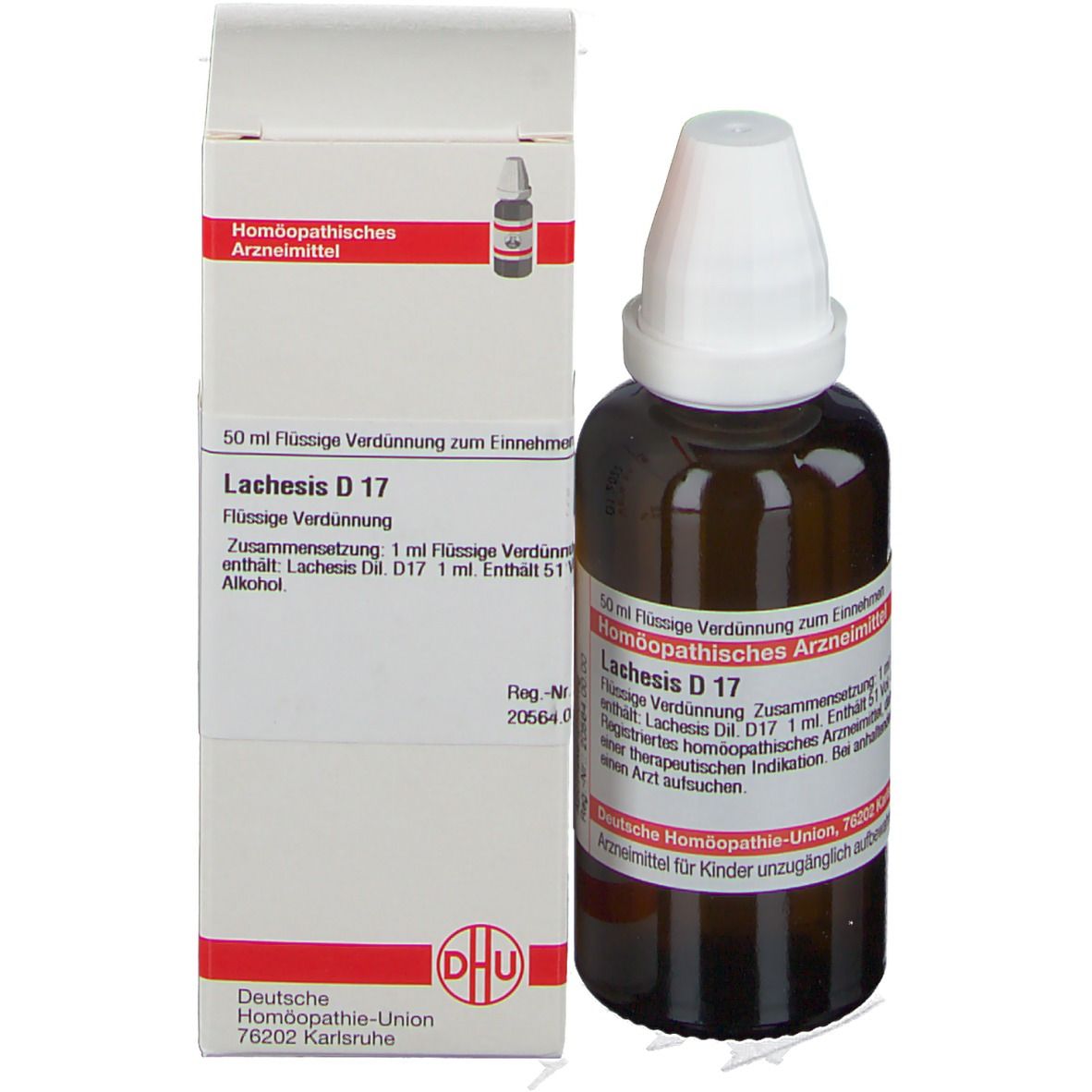 Produktverpackung mit Flasche und Beipackzettel. DHU Lachesis D17. Weißer Karton mit Produktinformationen.