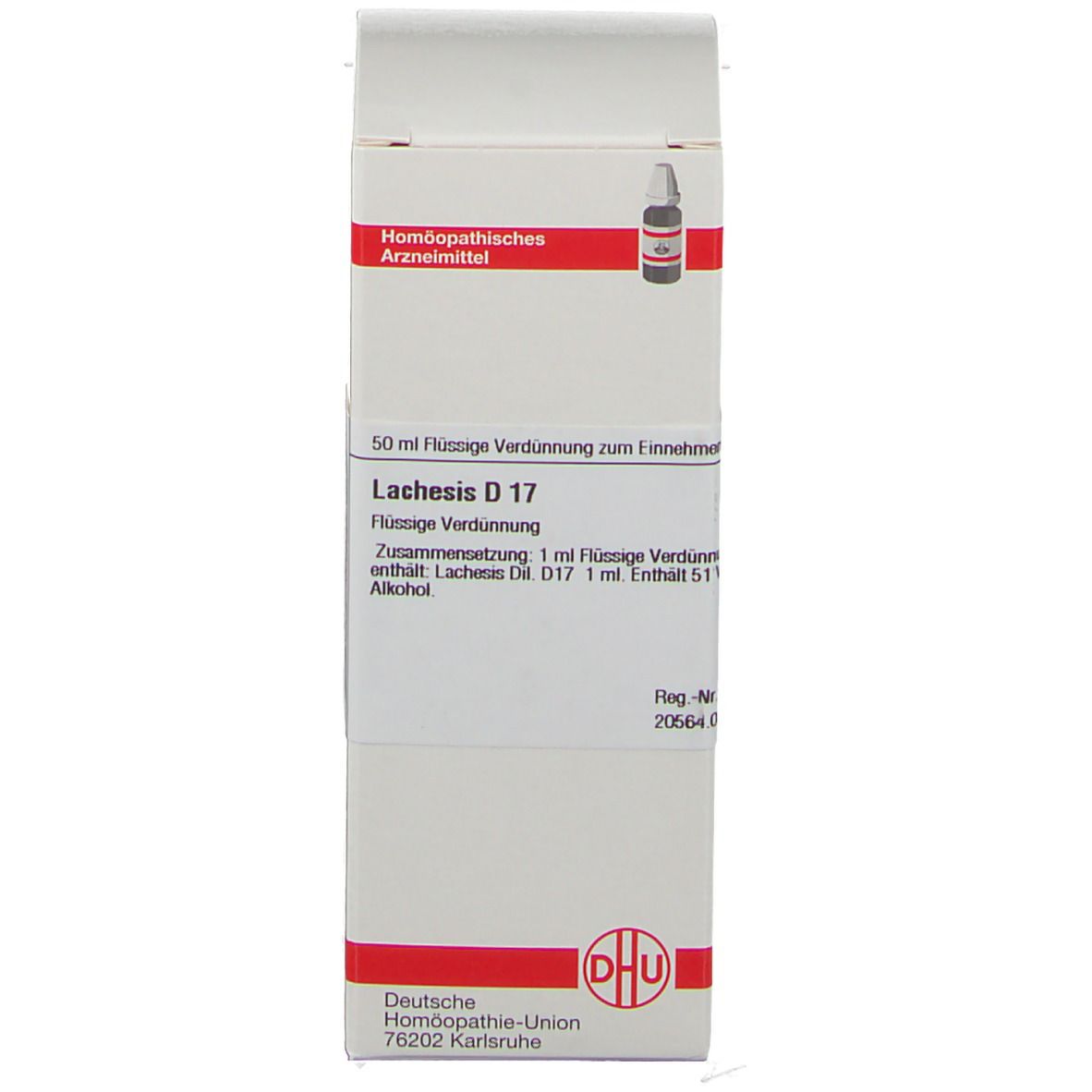 Produktverpackung mit Beipackzettel. DHU Lachesis D17. Weißer Karton mit Produktinformationen.